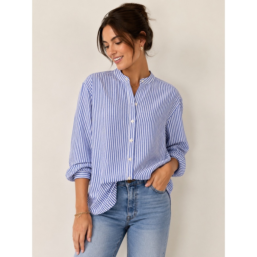 Gap Blue White Striped Band Collar Button Down Shirt M Petite Long Sleeve Top